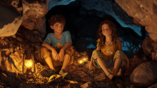 Three Kids Exploring Cave with Lanterns
