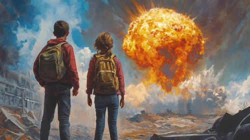 Three Kids in Ruined City After Nuclear Blast