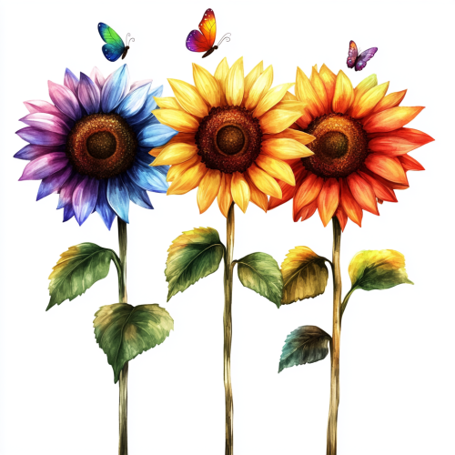 Three LGBTQ Colored Sunflowers with Small Creatures