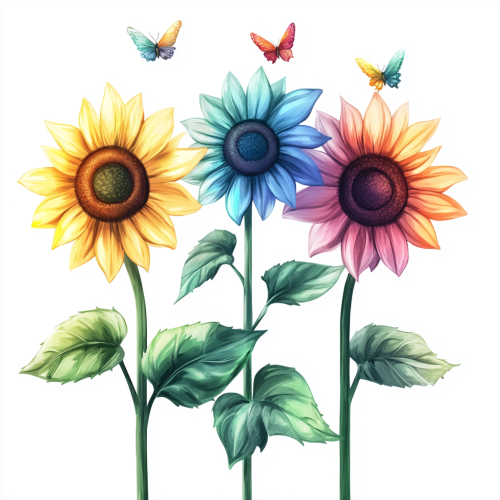 Three LGBTQ-Colored Sunflowers with Tiny Insects