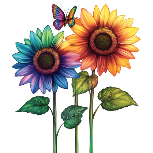 Three LGBTQ Rainbow Sunflowers with Small Insects