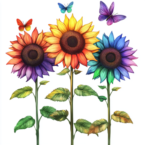 Three Rainbow-Colored Sunflowers with Small Butterflies