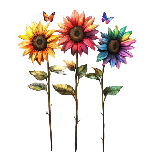 Three Rainbow-Colored Sunflowers with Tiny Insects