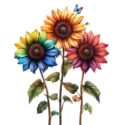 Three Rainbow LGBTQ Sunflowers with Butterflies