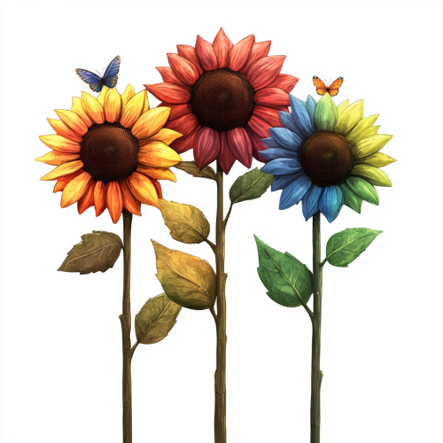 Three Rainbow Sunflowers with Butterflies Isolated