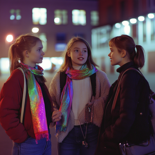 Three Scandinavian Girls Chatting outside School at Night Three Scandinavian Girls Chatting outside School at Night