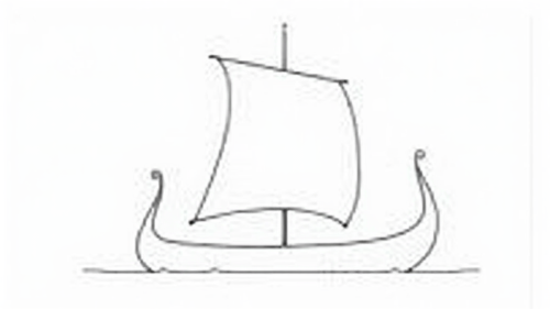 Three Viking longships sailing together in black and white.