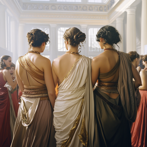 Three Women in Ancient Greek Outfits at Party