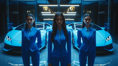 Three beautiful tall girls in elegant blue suits.