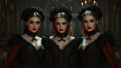 Three beautiful vampire brides in dark Victorian room.
