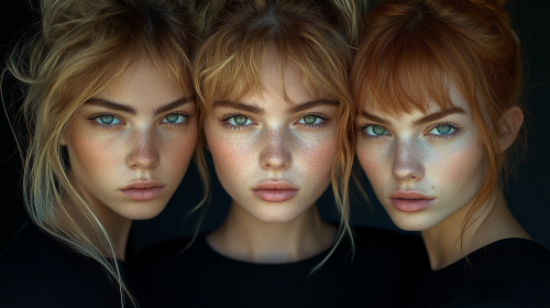 Three beautiful young women with unique features, painted style