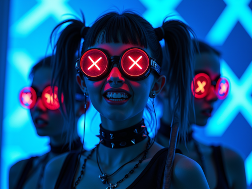 Three cybergoth girls on futuristic ship