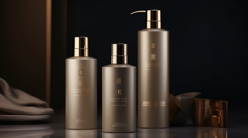 Three elegant skincare bottles with golden accents