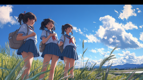 Three happy Japanese girls in traditional school uniforms. Three happy Japanese girls in traditional school uniforms.