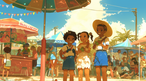 Three happy kids wait for carnival in Florida