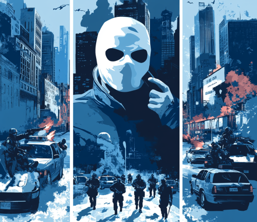 Three-panel blue action movie poster with city background.