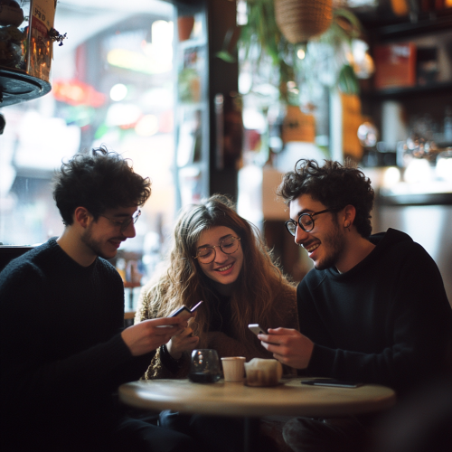 People in cozy cafe, smiling and relaxed.