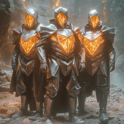 Three shining heroes in magical armor stand tall