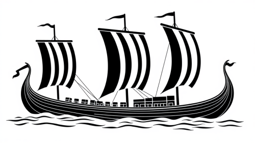 Three simple viking longships sailing together in black.
