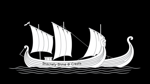 Three simple viking ships sailing on water.