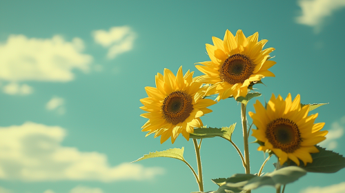 Three sunflowers under blue sky and white clouds