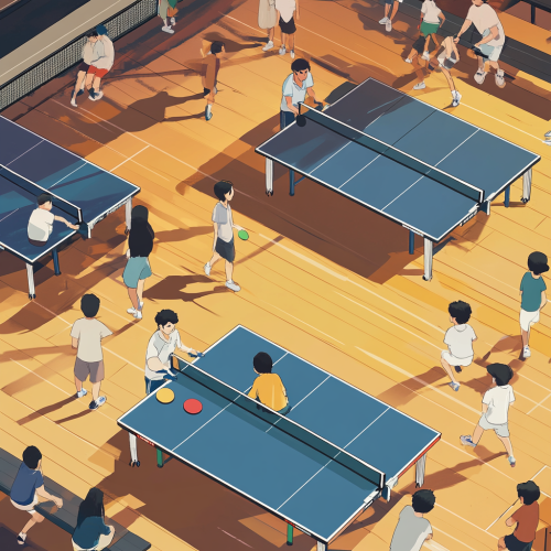 Three table tennis tables full of happy players.