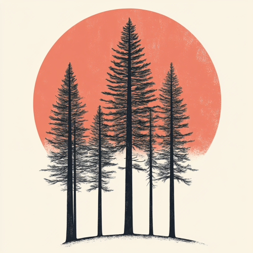 Three tall pine trees in retro design