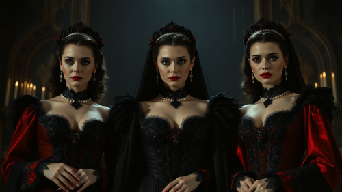 Three vampire brides in spooky Victorian attire.