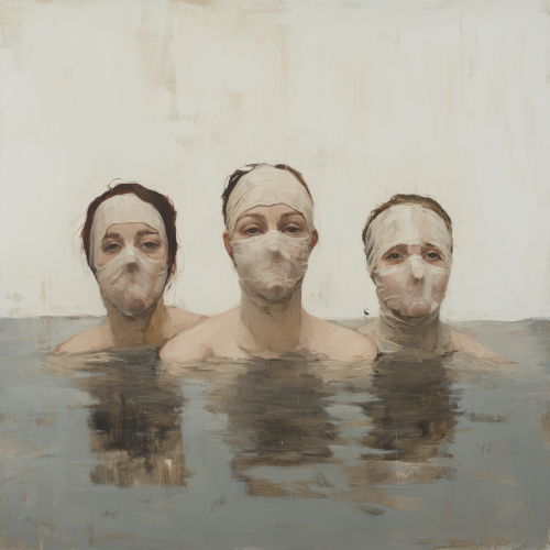 Three women in water, covered in plaster