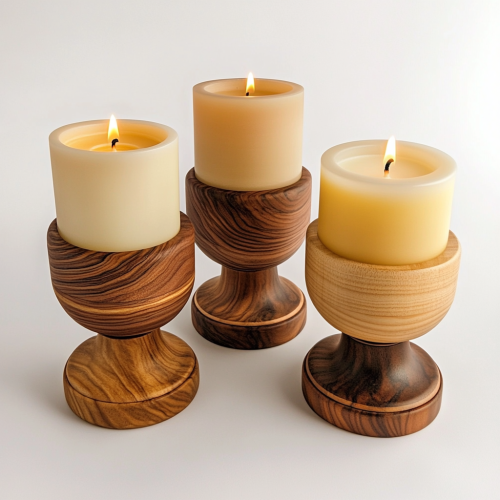 Three wood candle holder on white background.