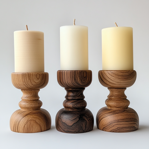 Three wooden candle holders on white background