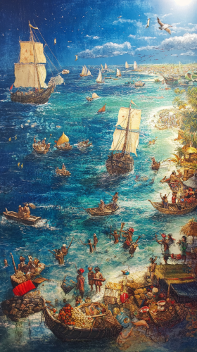 Thriving Island Trade and Fishing Network on Sea