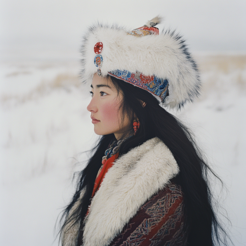 Tibetan woman in snowy landscape with fur hat