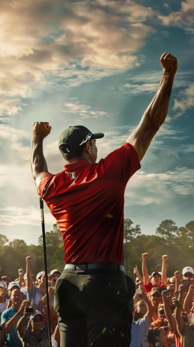 Tiger Woods nails flop shot, crowd cheers his victory. Tiger Woods nails flop shot, crowd cheers his victory.