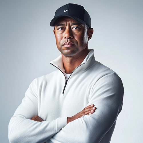 Tiger Woods standing in studio with arms crossed.
