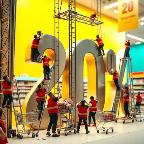Tiny Supermarket Workers Crafting a Giant Sale Sign