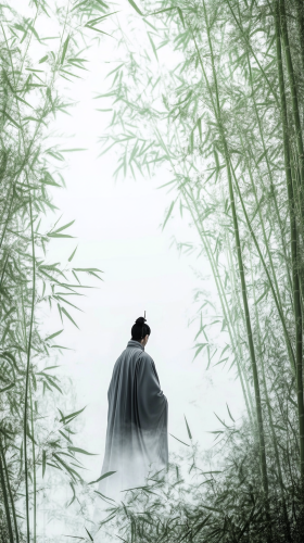 Tiny Taoist sage in misty bamboo forest.