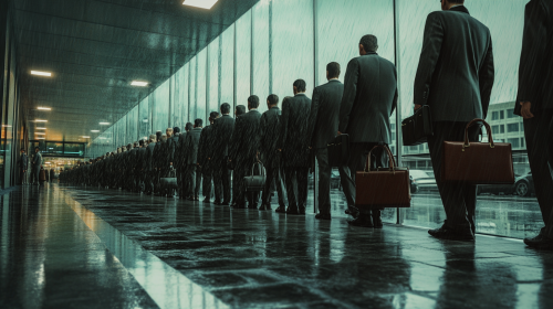 Tired workers in line outside busy meeting room