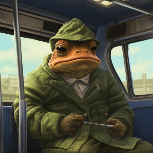 Toad wearing macintosh on bus