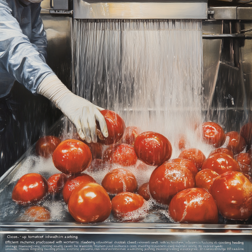 Tomatoes Washed in Water with Workers in Uniform