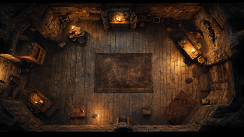 Top down view of dilapidated castle room at night.