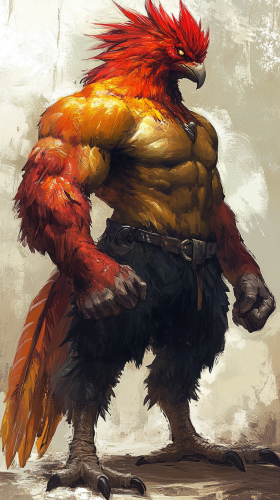 Towering figure with bodybuilder physique and small bird head.