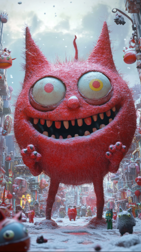 Toy Town in Snowy Christmas with Cat Monsters