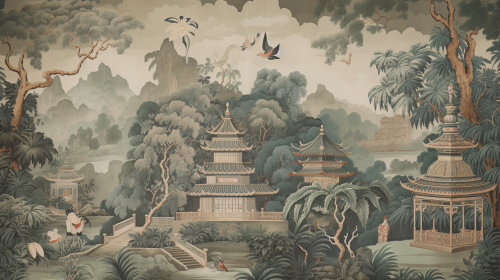 Traditional Asian scene with animals in jungle