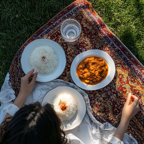 Traditional Iranian lunch table on green lawn