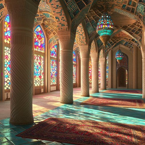 Traditional Iranian mosque courtyard with stained-glass windows reflecting patterns.