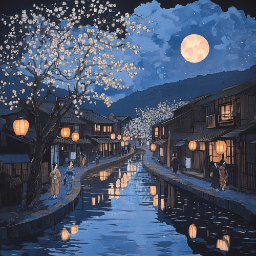 Traditional Japanese village at night with moonlight glow.