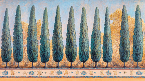Traditional Persian painting of vibrant cypress trees