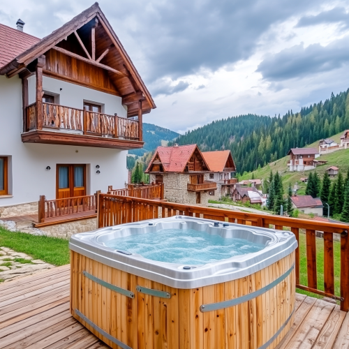 Traditional Romanian Cottage Village House with Wooden Barrel Jacuzzi Traditional Romanian Cottage Village House with Wooden Barrel Jacuzzi