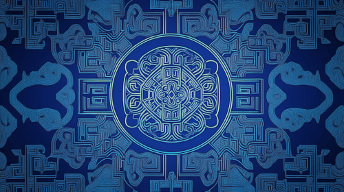 Traditional patterns with Korean designs, blue lines scattered centrally.